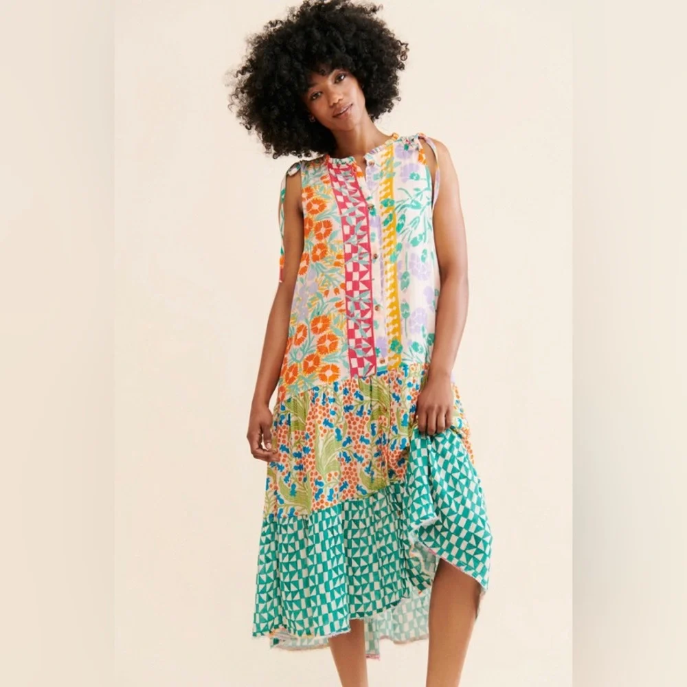 Anthropologie Ellen Merchant Shoulder-Tie Buttondown Dress Size Small